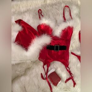 NWOT “SANTA BABY” RED VELVET BUSTIER/CORSET 5PIECE SET W/GENUINE MARIBOU TRIM